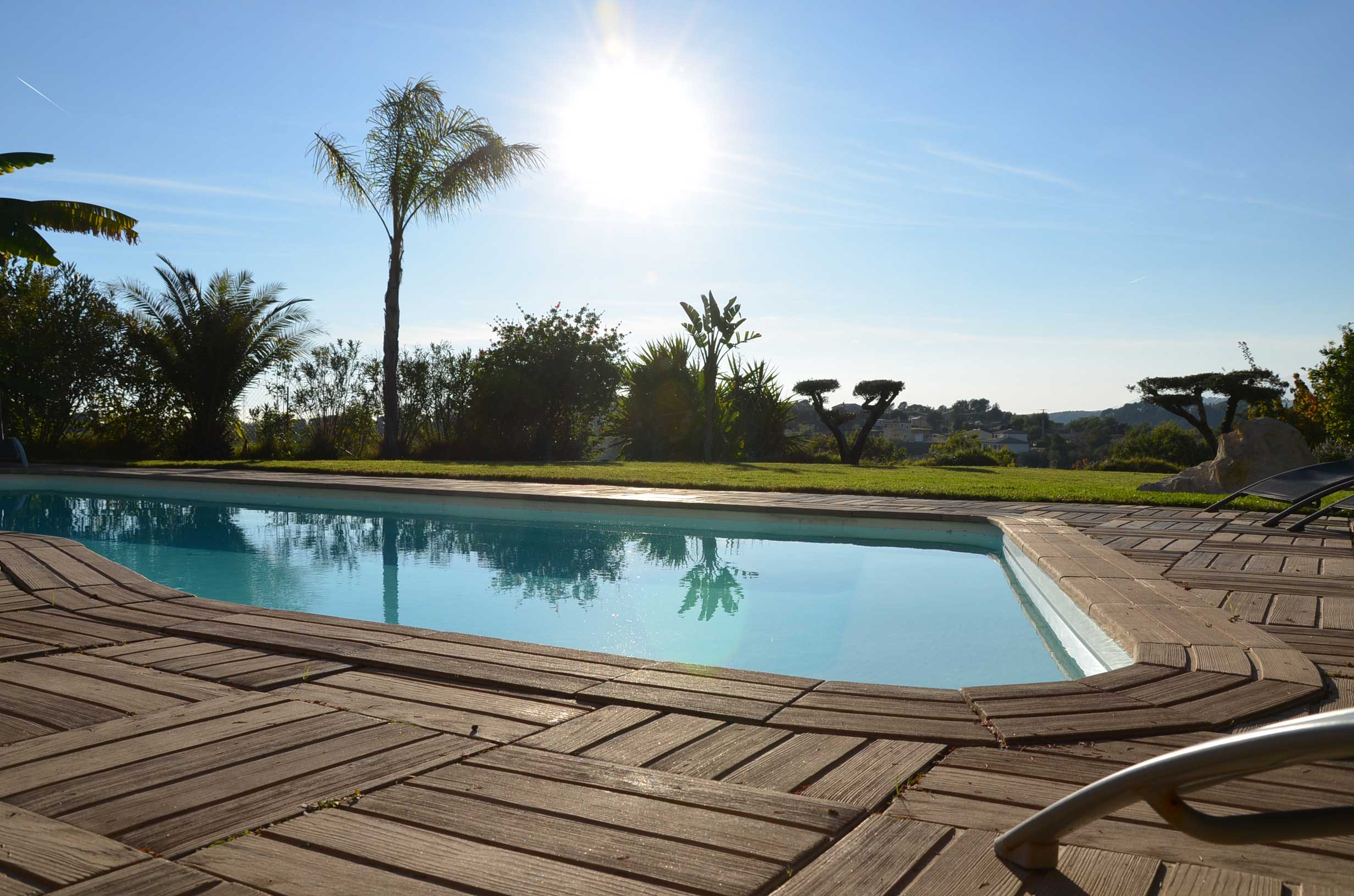La piscine en plein soleil, bordée de palmiers et de sa terrasse en bois